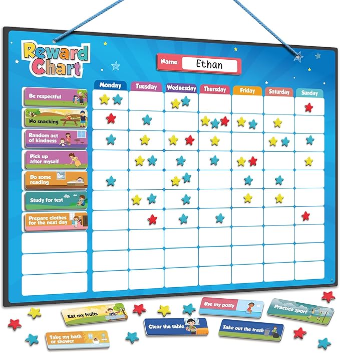 inamio Magnetic Kids Responsibility Reward Chart - Engaging 3D Stars & Chore Tasks - Behavior Chart for Home & School - Ideal for Ages 3-9, Multiple Kids