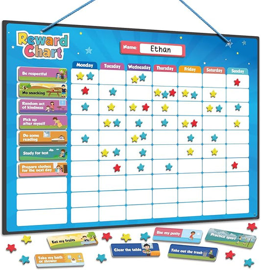 inamio Magnetic Kids Responsibility Reward Chart - Engaging 3D Stars & Chore Tasks - Behavior Chart for Home & School - Ideal for Ages 3-9, Multiple Kids