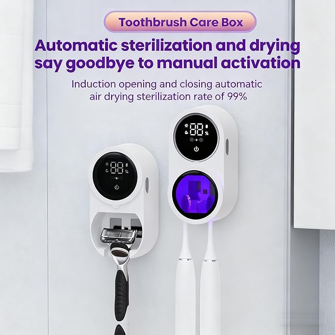 KLUEHOME UV Toothbrush Sanitizer & Holder,Dryer for Bathroom, LED Smart Screen, Cleaning and Air Drying, Mirror Wall Mounted,Fits Most Electric, Manual and Kids’ Toothbrushes