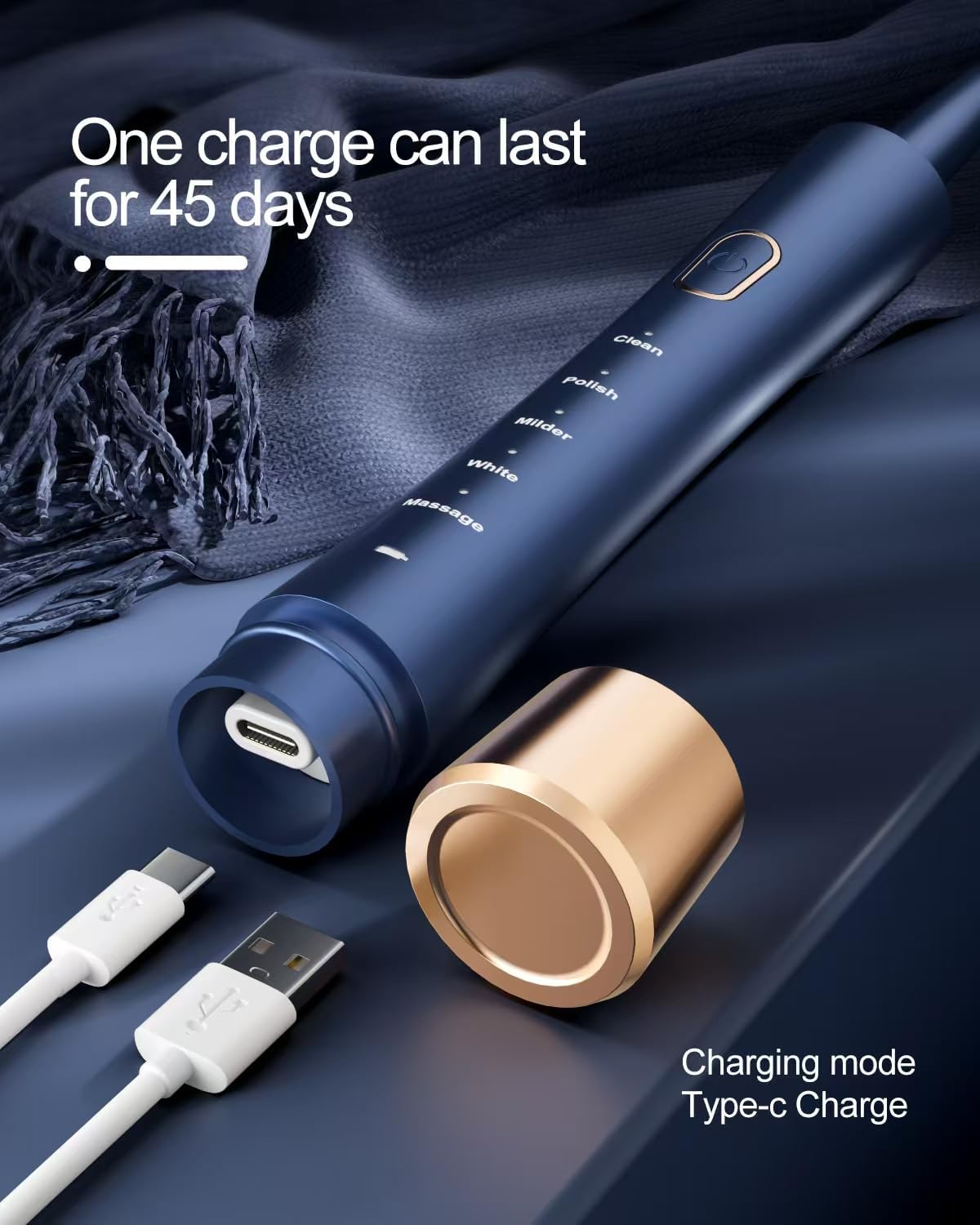 IPX7 Waterproof Sonicare Electric Toothbrush, 2-Hour Fast Charge with Intelligent Time Reminder, 5 Modes, 8 Brush Heads, Travel, Indoor, Outdoor, Blue