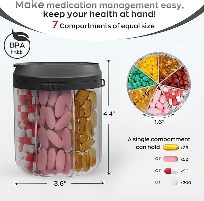 Pill Dispenser with 7 Large Compartments, Pill Bottle Organizer for Travel, Supplement Organizer with Anti-Mixing Design, Pill Container with 20 Pcs Labels, Black 2Pcs