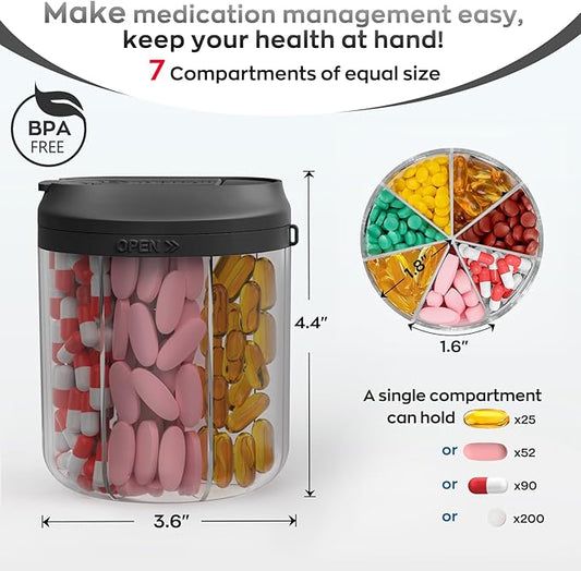 Pill Dispenser with 7 Large Compartments, Pill Organizer for Travel, Supplement Organizer with Anti-Mixing Design, BPA-Free Pill Container with 20 Pcs Labels, Black