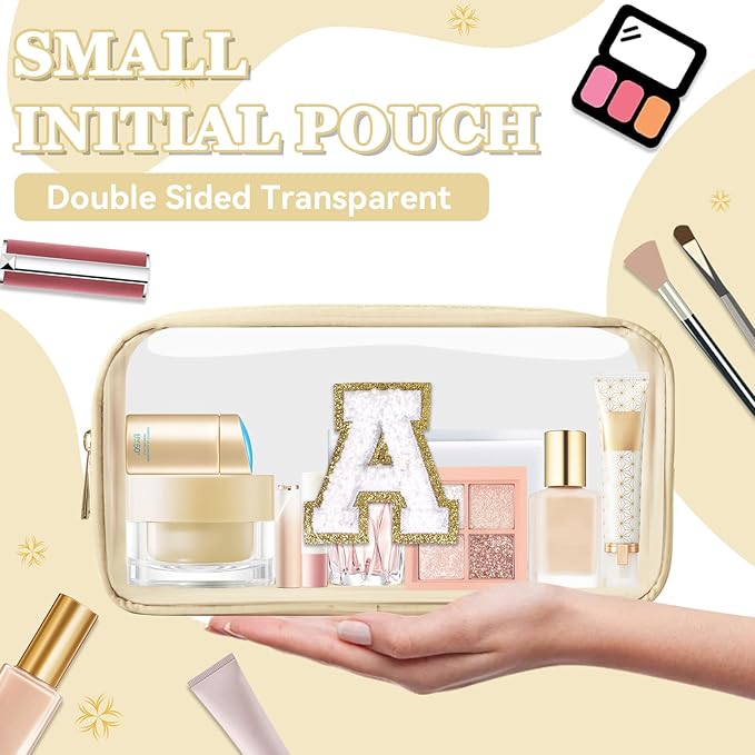 Small Clear Personalized Initial Makeup Bag,Nylon Preppy A-Z Chenille Letter Patch Cosmetic Pouch Beach Toiletry Bag,Waterproof Zipper Travel Purse Storage Bag Organizer for Women Girls(Beige-White A)