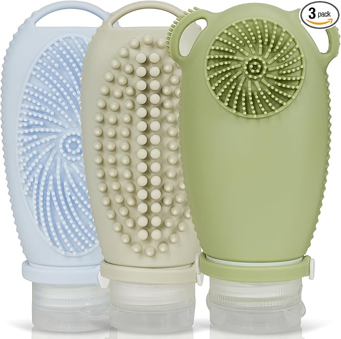 Sumina Silicone Travel Bottles 3-Pack (3.4 oz) with TSA Bag | TSA-Approved Leakproof Toiletry Containers | Refillable Shampoo Bottles with Gentle Exfoliation | Soft, Squeezable Silicone