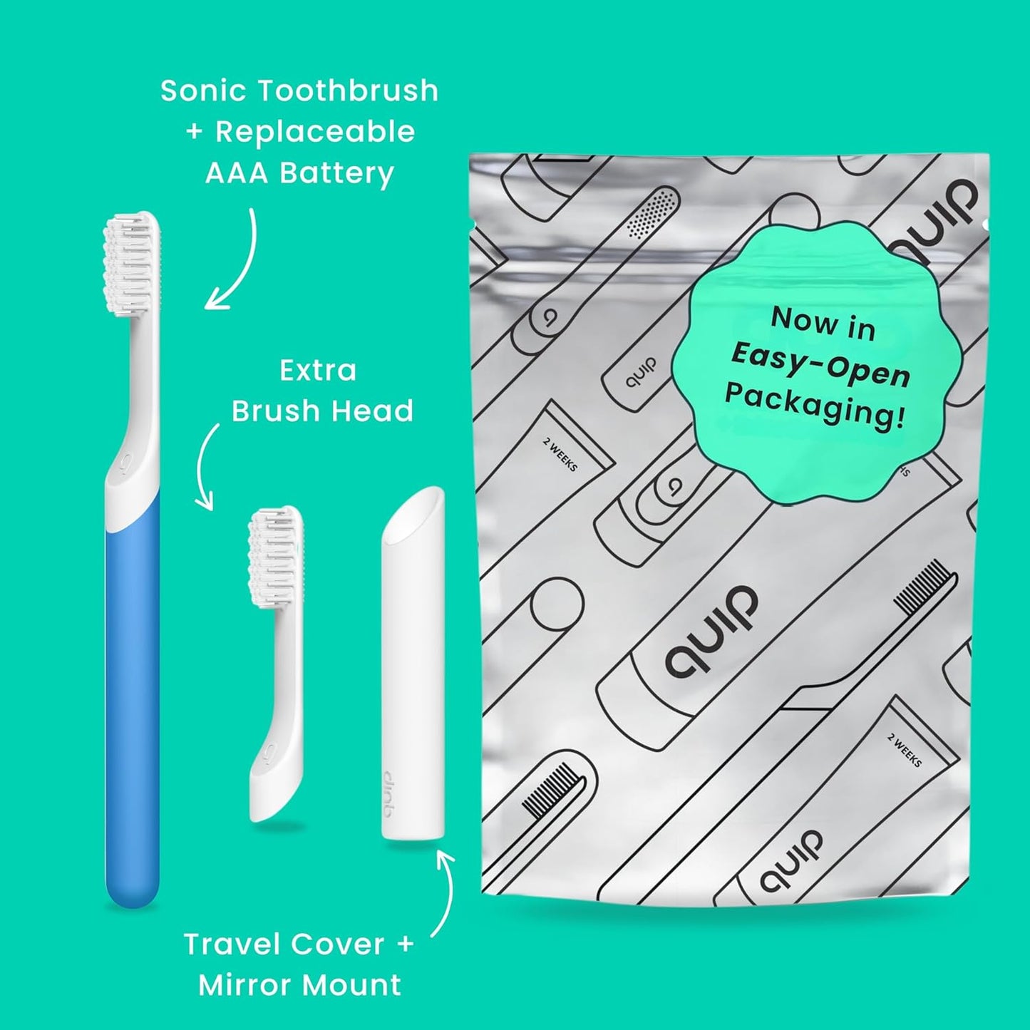Quip Sonic Electric Toothbrush for Adults - Time Travel & Soft Bristles with Travel Case & Replacement Brush Head - 3 Month Battery Life, Plastic Handle - Blue