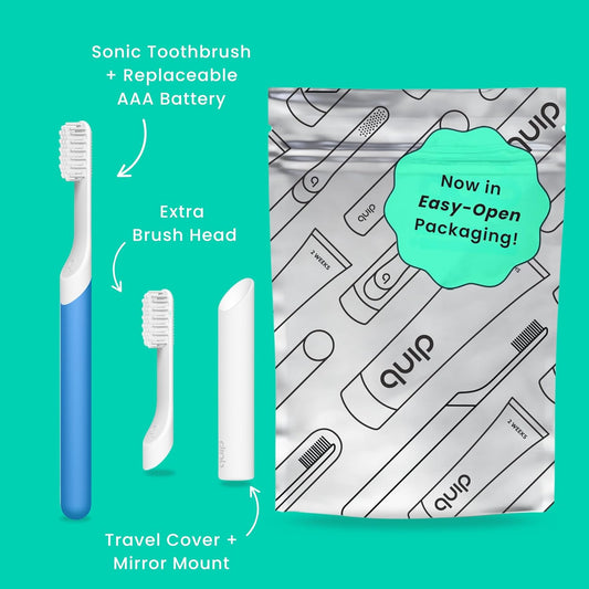 Quip Sonic Electric Toothbrush for Adults - Time Travel & Soft Bristles with Travel Case & Replacement Brush Head - 3 Month Battery Life, Plastic Handle - Blue