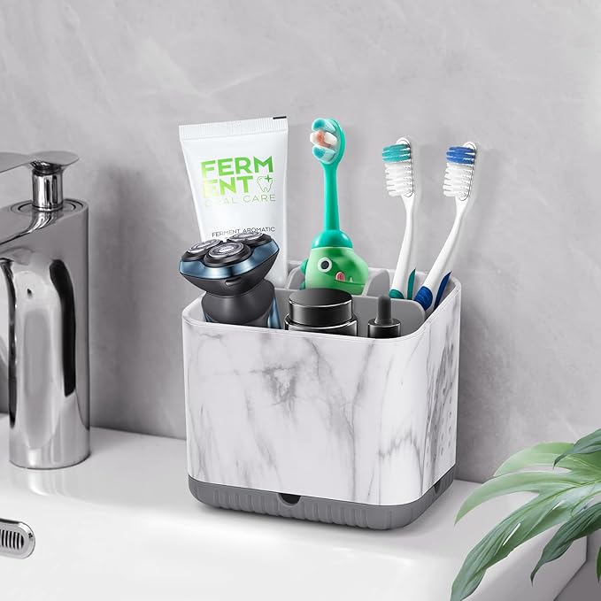 Toothbrush Holders for Bathrooms, Tooth Brush Holder for Bathroom Countertop Organizer, Kids Electric Toothbrush and Toothpaste Holder (Grey Marble Grain)
