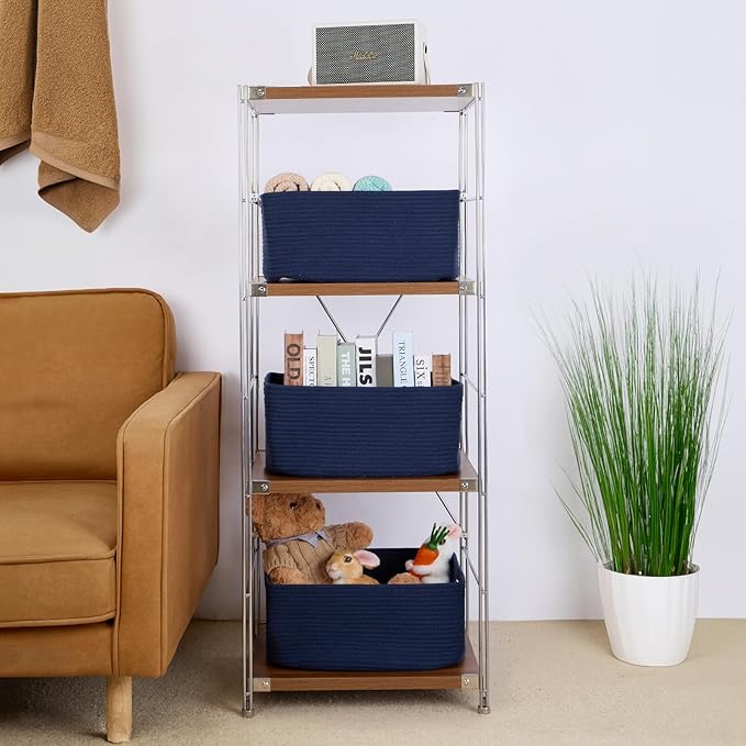 Large Storage Baskets for Organizing, Closet Shelf Baskets for Clothes Blanket Towels, Baby Nursery, Toy Bins Box, Woven Rope Baskets, 17 x 13 x 7.5”, 4 Packs Navy Blue