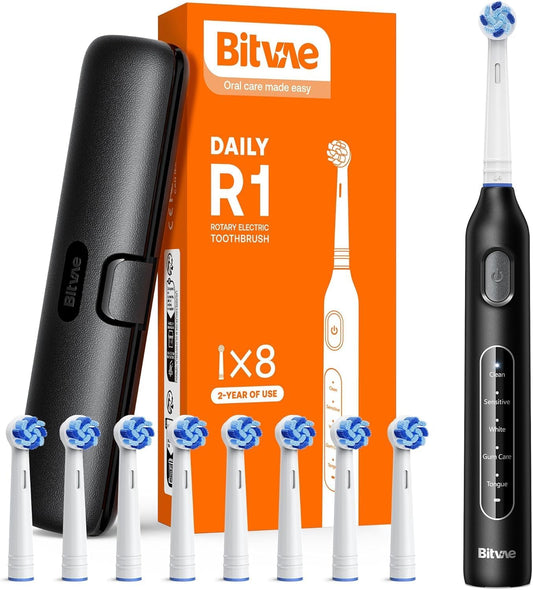 Bitvae R1 Rotating Electric Toothbrush with 8 Brush Heads for Adults and Kids, 60-Day Battery Life, 5 Modes Rechargeable Power Toothbrush with 2-Minute Smart Timer, Black