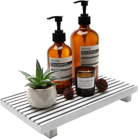 Rustic Bathroom Counter Tray Wood Display Pedesta Stand White Kitchen Countertop Trays Decorative Wooden Riser Dish Soap Dispenser Holder for Bathroom Sink Accessories Kitchen Decor Vanity Tray