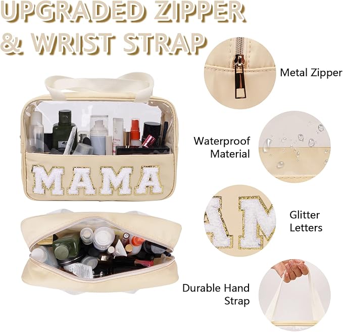 Iqimott Chenille Letter Patch Mama Bag, Preppy Clear Makeup Cosmetic Bag Large Toiletry Storage Tote Bag with Handle, Transparent Nylon Waterproof Organizer Zipper Pouch for Travel Women Girls(Beige)