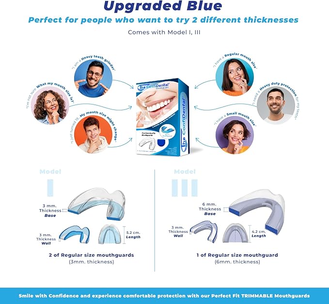 The ConfiDental - Pack of 3 Moldable Mouth Guard for Teeth Grinding Clenching Bruxism, Sport Athletic, Whitening Tray, Including 2 Regular and 1 Heavy Duty Guard (2 (LLL) Regular 1 (II) Heavy Duty)