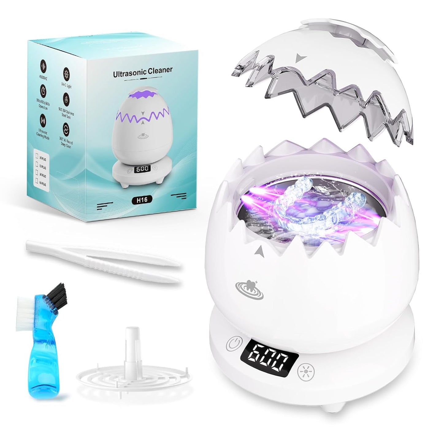 Ultrasonic Retainer Cleaner Machine for Denture, Dental Cleaning Pod with Digital Timer, 45kHz/180ML Waterproof Ultrasonic Denture Cleaners for Aligner, Mouth Guard, Braces, Ring Jewelry Cleaner