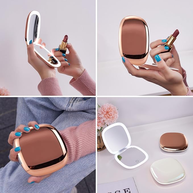 Mocado Compact LED Travel Makeup Mirror - 4 Inches 1X/10X Magnification Travel Mirror with Light Dimmable Double Sides Lighted USB Rechargeable Compact Mirror for Purse,Pocket,Travel(Rose Gold)