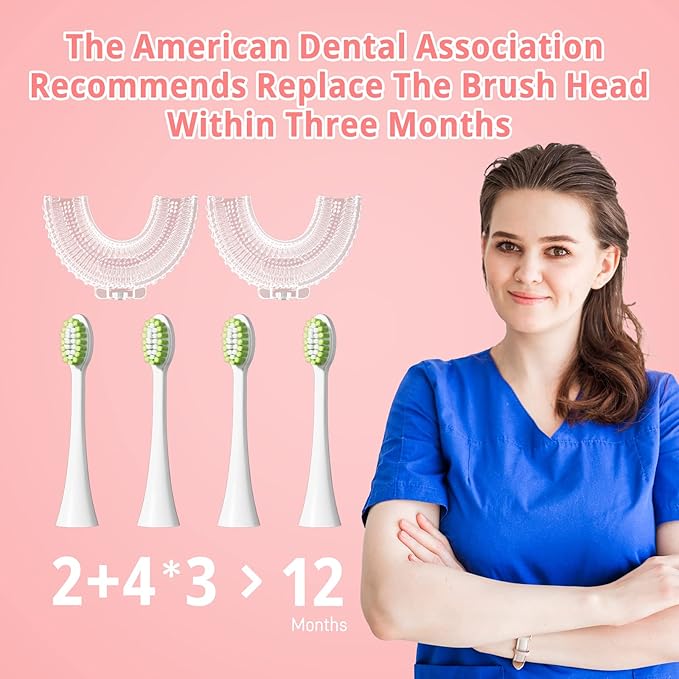 Kids Electric U Shaped Toothbrush Children Rechargeable Sonic Toothbrush with 6 Soft Brush Head Automatic Full Mouth 6 Cleaning Modes -Age8-15 Pink