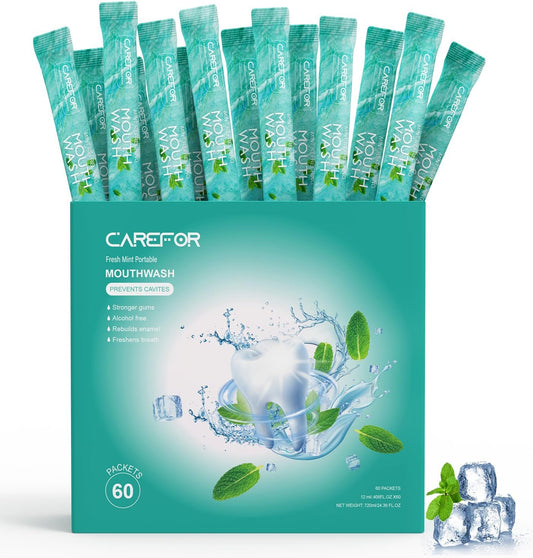 Mouthwash Travel Size Portable 60 Individual Disposable Packets to Go, Alcohol & Fluoride Free Fresh Mint Mouthwash Strips for Superior Oral Hygiene (Pack of 60)