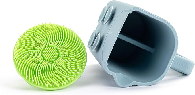 DEMDACO Love to Play Collection Baby Bath Rinse Cup and Silicone Scalp Scrubber Set - Gentle Hair Washing Aid for Infants & Toddlers Soft Silicone Kids' Brush & Ergonomic Rinse Pitcher, Green