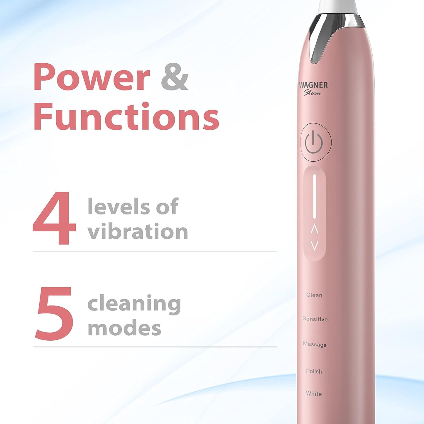 Wagner Stern Ultrasonic whitening Toothbrush with Pressure Sensor. 5 Brushing Modes and 4 Levels of Intensity, 8 Soft bristles, Travel case.
