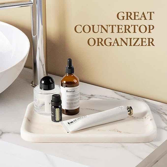 Koville Marble Tray, 12"x8" Marble Vanity Tray for Bathroom Kitchen Countertop, Rectangular Stone Tray for Cosmetics Perfume Trinket, Decorative Catchall Trays (Oriental Calacatta)