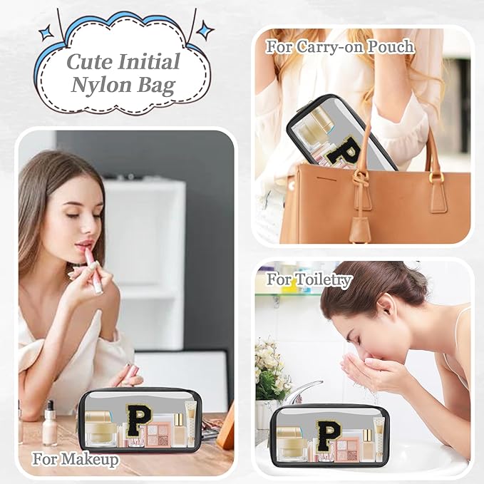 Small Clear Personalized Initial Makeup Bag, Preppy Nylon A-Z Chenille Letter Patch Makeup Organizer TSA Approved Travel Toiletry Bag,Waterproof Zip Beach Cosmetic Pouch Purse for Women(Black-Black P)