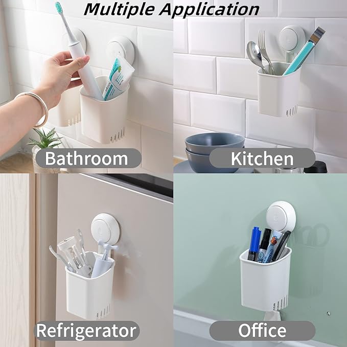 LEVERLOC Powerful Suction Cup Toothbrush Holder, Drill-Free Wall Shower Holder for Toothbrush, Toothpaste, Razor, Removable Suction Cup in Shower, Self-draining Kitchen Tableware Organizer, White