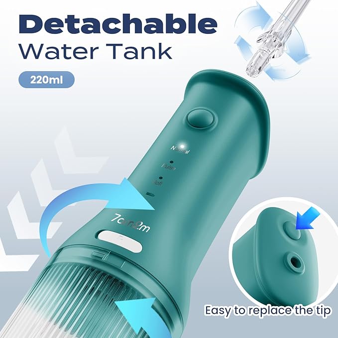 7AM2M Portable Cordless Water Flosser, Oral Irrigator with 3 Modes & 2 Tips, Fast Rechargeable, IPX7 Waterproof, Dental Water Flosser for Travel and Home Use (Peacock Green)