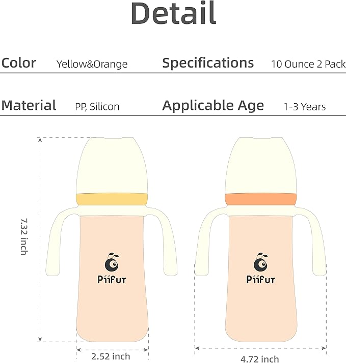 Piifur Sippy Cups for Toddlers 1-3 No Spill Straw with Handle Water Bottle 2 Pack 10 Ounce