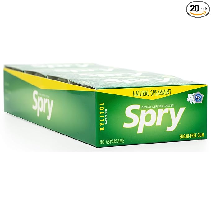 Spry Fresh Natural Xylitol Chewing Gum Dental Defense System - Aspartame-Free, Sugar-Free, Non-GMO, Gluten-Free (Spearmint, 10 Count Blister Cards - Pack of 20)