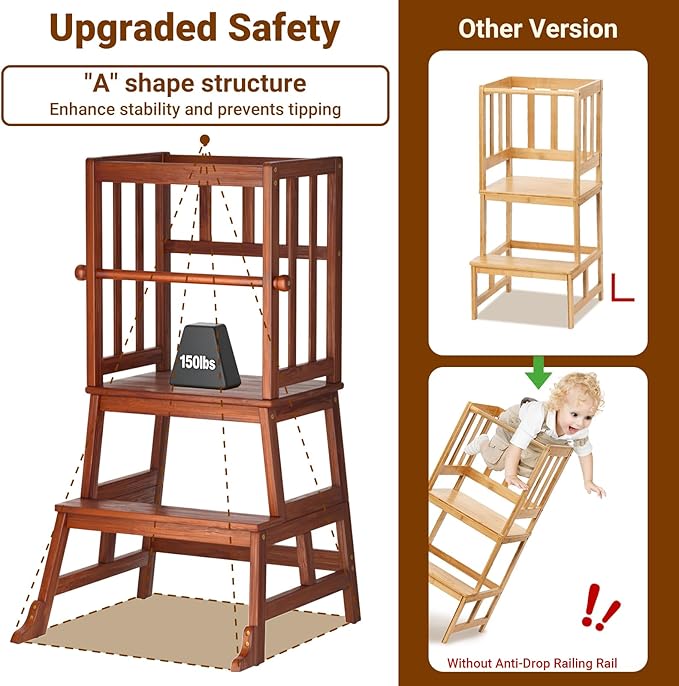 COSYLAND Kids Kitchen Step Stool, Toddler Standing Tower with CPC Certification, Removable Anti-Drop Railing Safety Rail Enjoys Unique Patented Design A Anti-tip Stable Structure 1.5-3 Years Brown