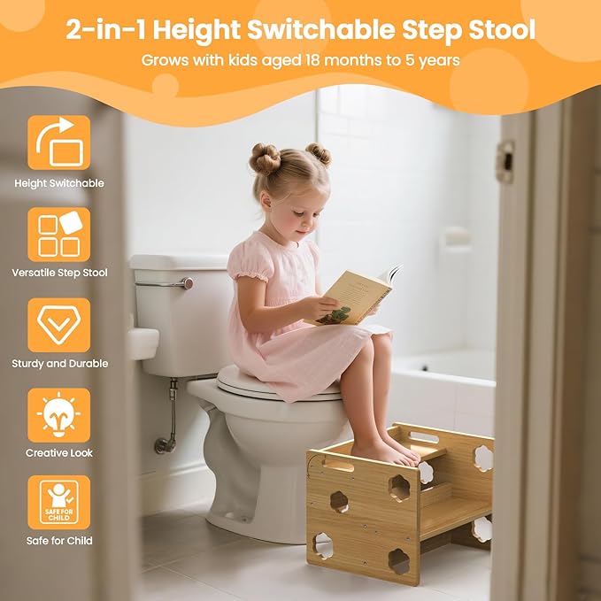 Kesswin Step Stool for Kids, Wooden Toddler Step Stool 300 lbs Capacity with Safety Non-Slip Pads and Handles, Height-Adjustable 2-Stepping Stool for Kitchen, Bathroom Sink, Bedroom