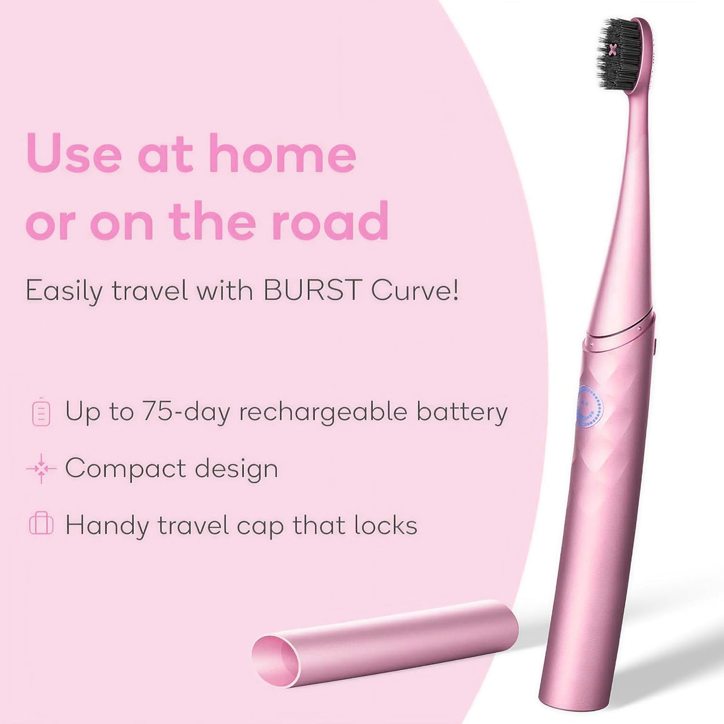 Burst Curve Sonic Electric Toothbrush for Adults (Blush Pink) | Slim Travel Brush with Cover | Ultra Soft Bristles | Up to 2 Month Rechargeable Battery | Two Modes & Timer