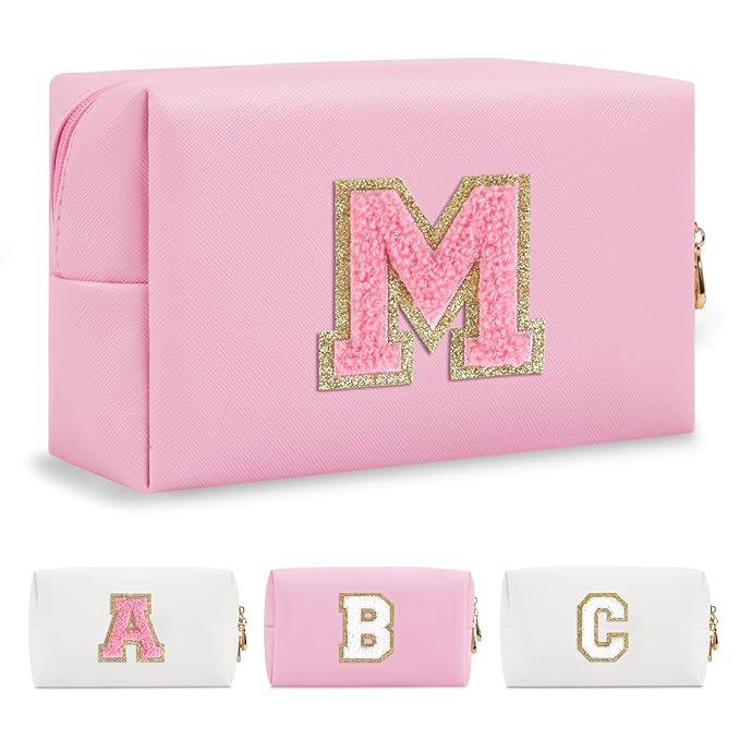 Personalized Initial A-Z Preppy Patch Makeup Bag,Small PU Leather Chenille Letter Cosmetic Bag with Zipper for Teen Girls,Pink Cute Travel Toiletry Bag,Birthday Monogrammed Gift for Daughter,Letter M