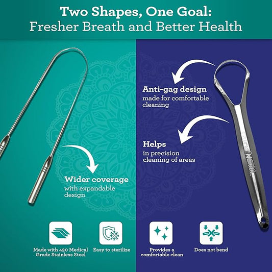 GuruNanda Spoon & U-Shaped Tongue Scraper Variety Pack (2 Pack) with Travel Case, 420 Medical Grade Stainless Steel, Promotes Fresh Breath & Oral Care