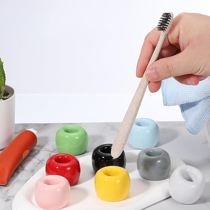 uxcell 2 Pcs Mini Ceramics Toothbrush Holder Stands, Sleek Mini Countertop Toothbrush Round Shape Ceramic Holder Stand for Bathroom Vanity Countertops, Green