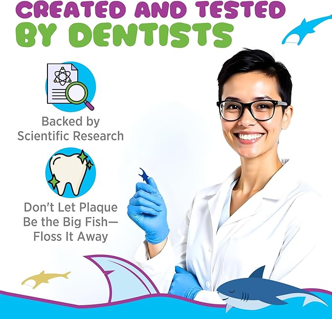 Kids Flossers with Fluoride, Unflavored Floss Picks, Fun Floss with Colorful Shark Shapes. Enhanced Cavity Protection, 225 Count (3 Pack) Children's Flossers. Dentists Designed and Backed by Science