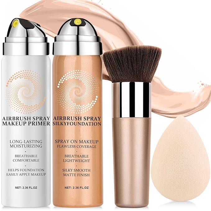 AirBrush Foundation Spray With Airbrush Primer, Silky Mist Foundation Spray Makeup, Full Coverage Foundation for Smooth Radiant, Formula Breathable Lightweight Hydrating (01 Natural)