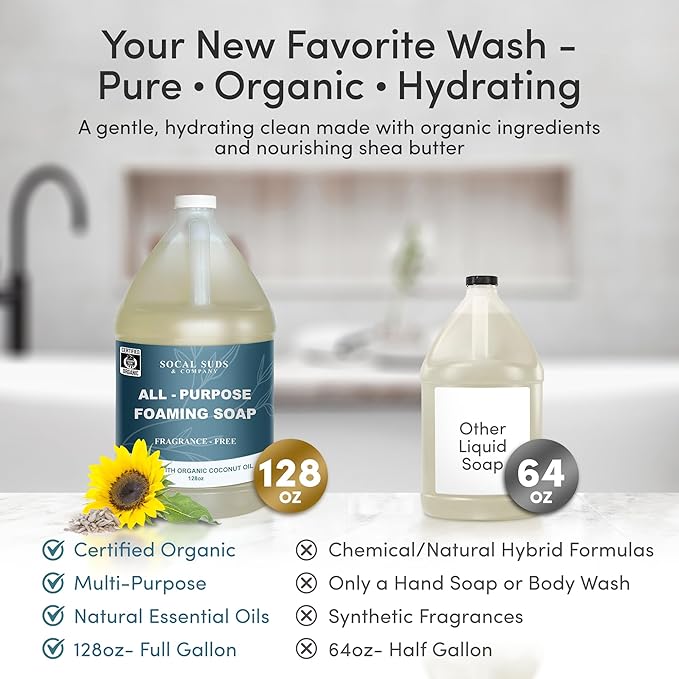 SoCal Suds & Company 128oz Certified Organic Foaming Hand & Body Wash - Gentle Natural Body,Baby & Face Wash for Sensitive Skin, Moisturizing All-Purpose Foaming Soap & More - Fragrance Free