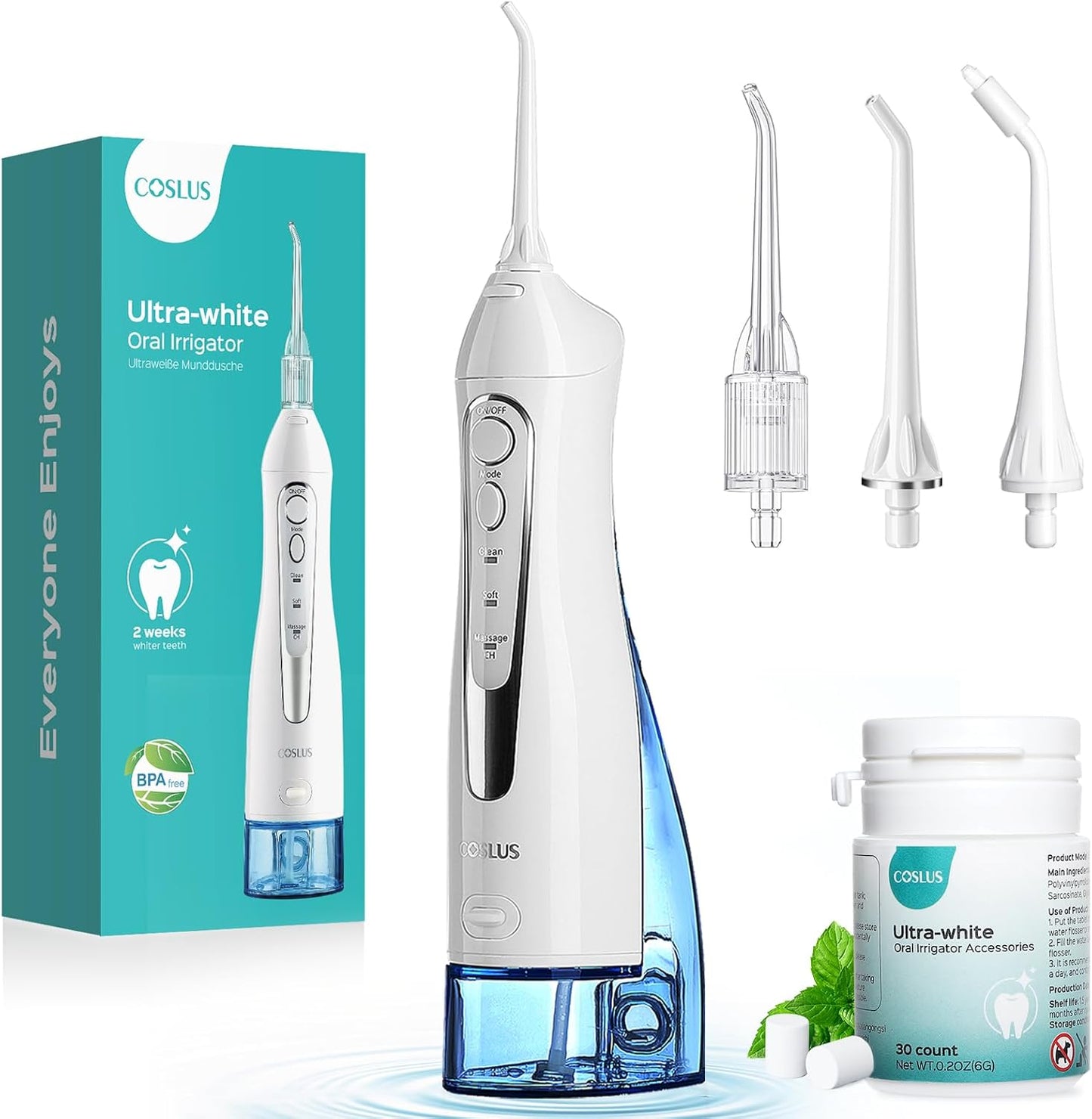 COSLUS Water Flosser Pick with 30pcs Whitening Mint Flavor Refill Combo for Teeth, Braces, Gums Care - Easy to Use, Portable for Travel & Coffee Lovers, Rechargeable, BPA-Free, White, W40(F5020E)