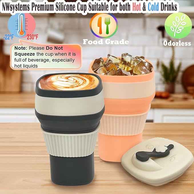 Collapsible Silicone Cup, Safe & Portable, for Hot & Cold Drinks, 18.6 oz (550 ml) - Travel, Camping, Office, and More - Cool Grey