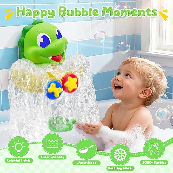 Dinosaur Baby Bath Toys for 1 2 3 Year Old Boys, Dino Bath Bubble Machine with Rainbow Lights & Water Scoop,Fun Toddler Toys Baby Shower Bathtub Toys Christmas Birthday Gifts for Boys Age 1-3 Year Old