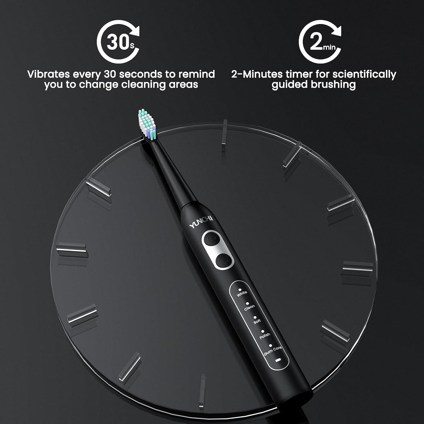 YUNCHI Sonic Electric Toothbrush for Adults and Kids, Black Electric Toothbrush,55 Days Last USB Rechargeable Toothbrush, 5 Modes, 4 Brush Heads, 2-Min Smart Timer, IPX7 Waterproof