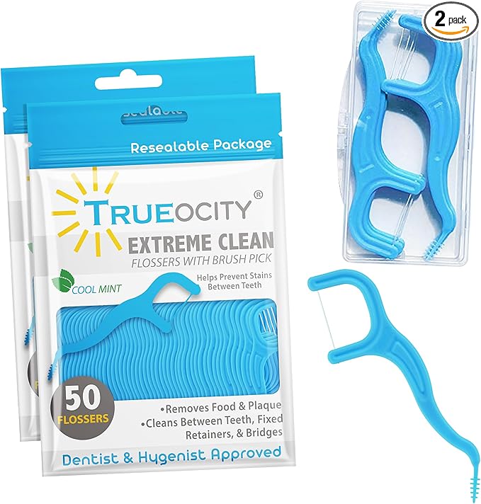 Trueocity Dental Flossers Brush Picks 2 Pack w/Travel Case (100 Total Count), Dental Floss Glides Easy, Flosser Helps Prevent Tooth Decay & Gum Disease, Easy Grip, Flossers for Adults, Mint Flavored