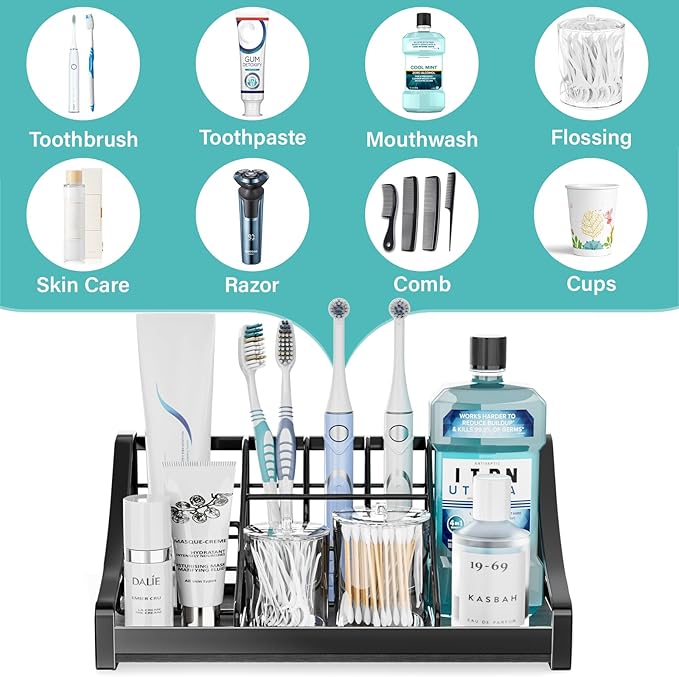 Toothbrush Holder Instant-Dry Organizer - Bathroom Countertop Organizer Kids Electric Toothbrush Toothpaste Holders - 7 Slots Bathroom Sink Accessories Storage Tooth Brush Counter Organization, Black