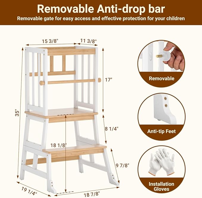 COSYLAND Kids Kitchen Step Stool, Toddler Standing Tower with CPC Certification, Removable Anti-Drop Railing Enjoys Unique Patented Design A Anti-tip Stable Structure 1.5-3 Years Natural & White