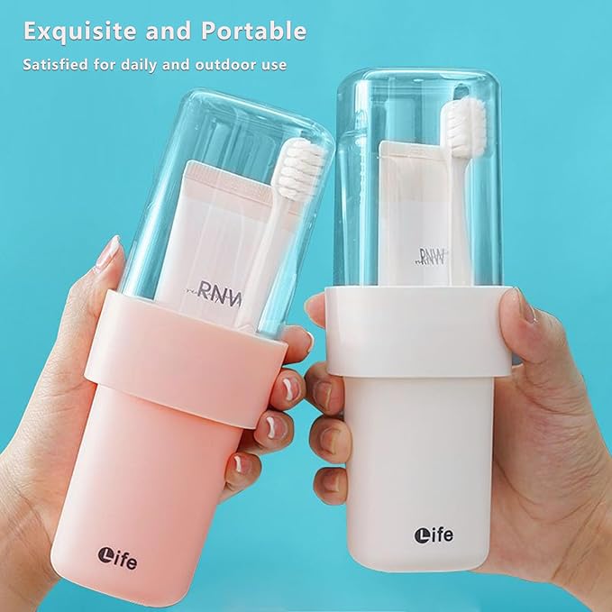 Travel Toothbrush Holder for Bathroom, 2-in-1 Secure Seal Storage Cups, 2-Pack, White and Pink