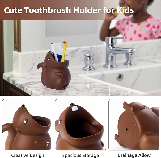 Kids Toothbrush Holder Toothbrush Organizer – Durable Silicone Animal Tooth Brush Holder – Easy to Clean Toothbrush and Toothpaste Holder – Toothbrush Holders for Bathrooms by Lily’s Home - Squirrel