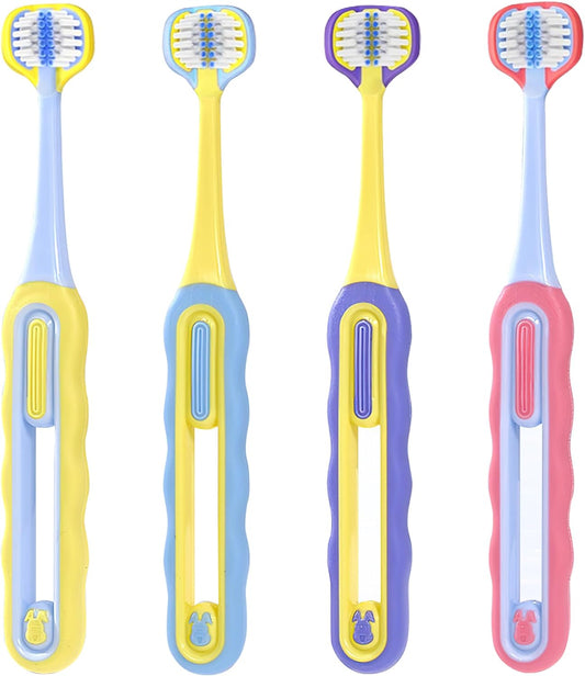 3-Sided Toddler Toothbrush 4-Pack | Ultra-Soft Bristles for Ages 1-12 | 4 Fun Colors (Gentle, 360° Cleaning, Comfortable for Sensitive Gums), Easy-Grip Handle & Quick Cleaning