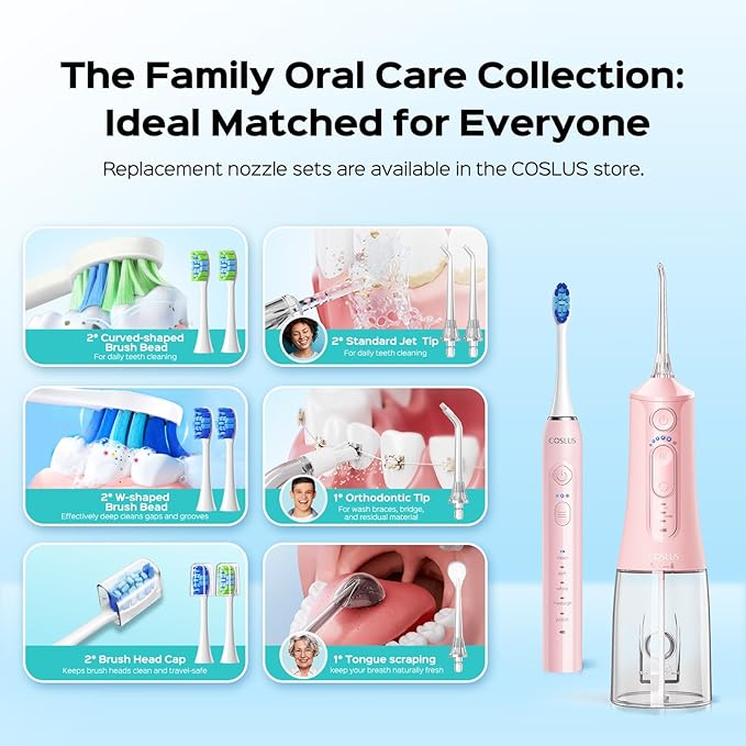 COSLUS Electric Toothbrush with Water Flosser Combo: Portable Oral Clean Kit for Teeth Brushing & Flossing, Multiple Modes for Multiple Users, Cordless for Home & Travel Use, Pink, C51C30