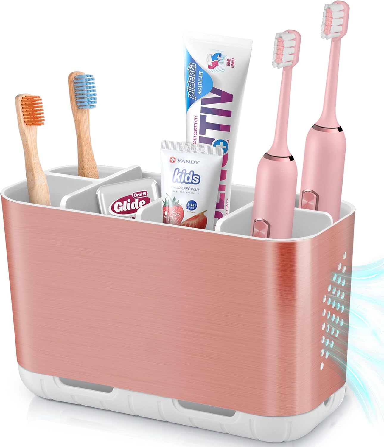 Boperzi Toothbrush Holders for Bathrooms Countertop, Electric Tooth Brush Holder with Adjustable Dividers, Detachable Anti-Slip Large Toothpaste Caddy Organizer Storage for Shower, Family, Kids, Pink