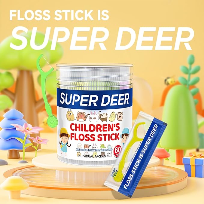 Super Deer Children's Dental Floss Sticks, 60 Count, Individually Packaged, Ages 3+, Shred Resistant, Perfect for School, Travel & Playdates